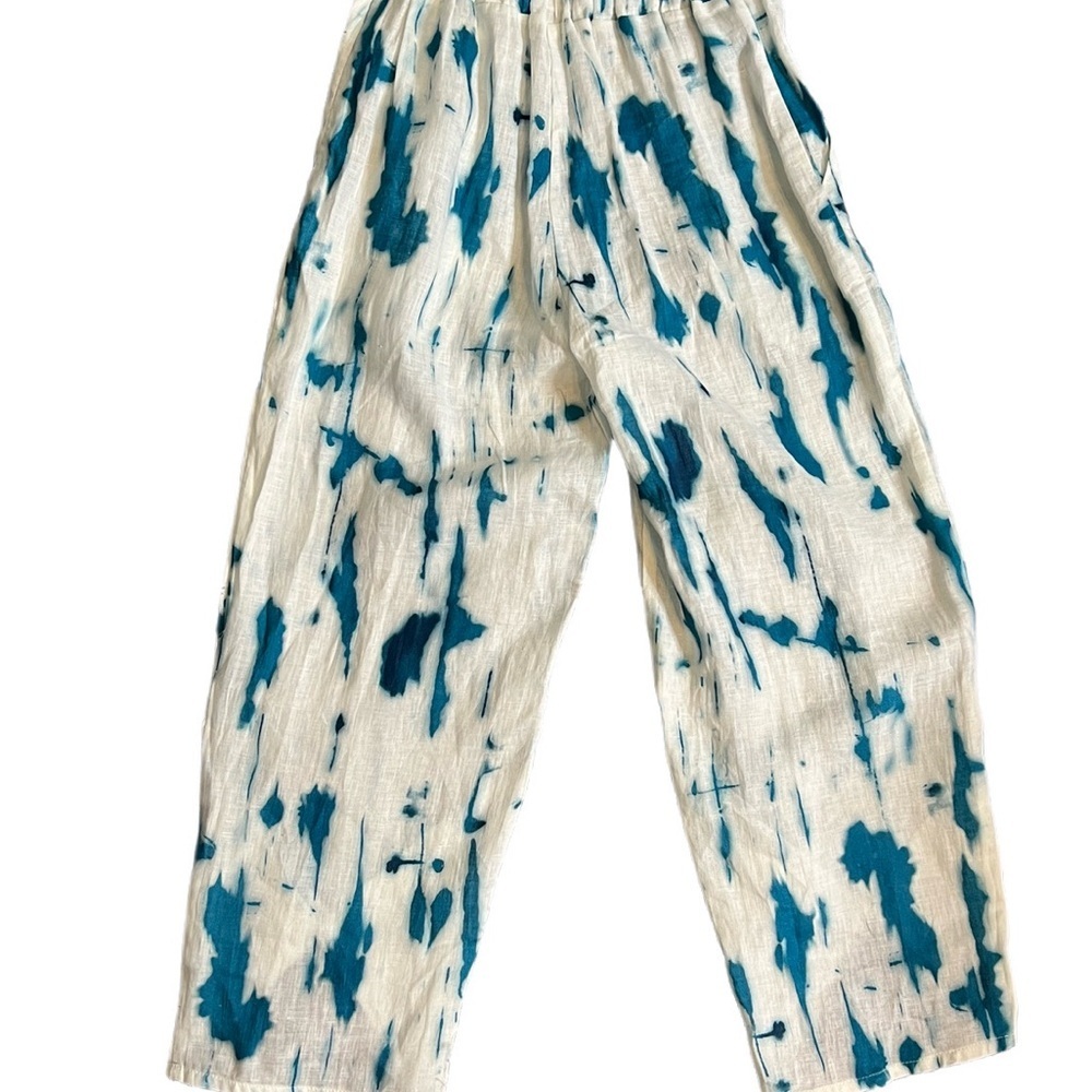 Ozai N Ku Linen Tulip Pants White Turquoise Tie Dye Coastal Resort Size S Summer - Picture 5 of 12